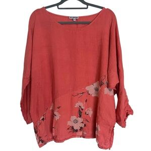 100% Lin Blanc Linen Made In Italy Lagenlook Floral Contrast Hem Slouchy Top